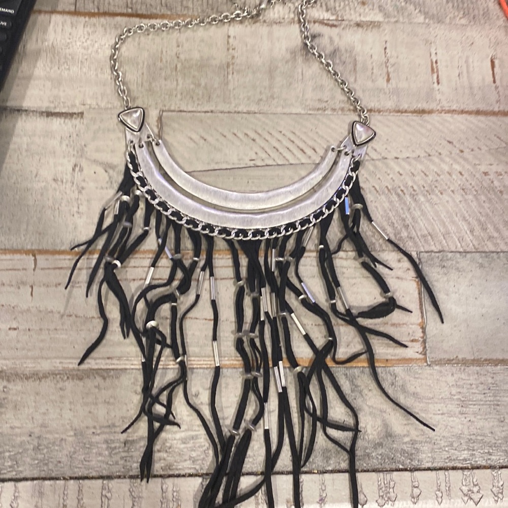 The Sak silver tone black suede fringe necklace